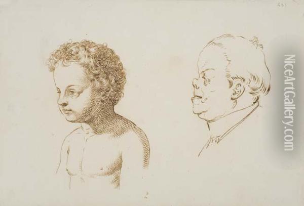 Studies Of A Young Boy And A Man In Profile To Theleft Oil Painting - Giuseppe Sabatelli