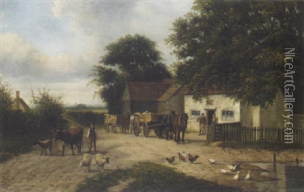 Livestock By The Village Pond Oil Painting - Samuel Joseph Clark
