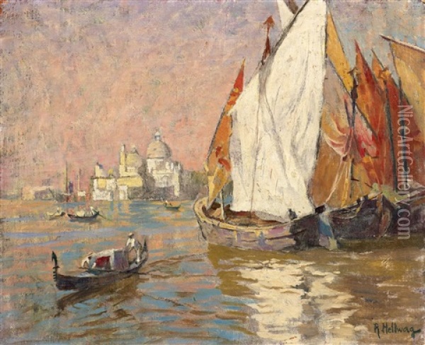 Venedig. Blick Uber Fischerboote In Der Lagune Auf St. Maria Della Salute Oil Painting - Rudolf Hellwag