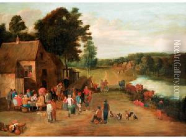 Country Folk At A Riverside Tavern Oil Painting - Matheus van Helmont