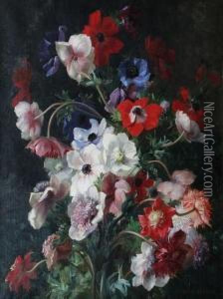 White, Red And Blue Anenomes 'jean Benner' Oil Painting - Jean Benner