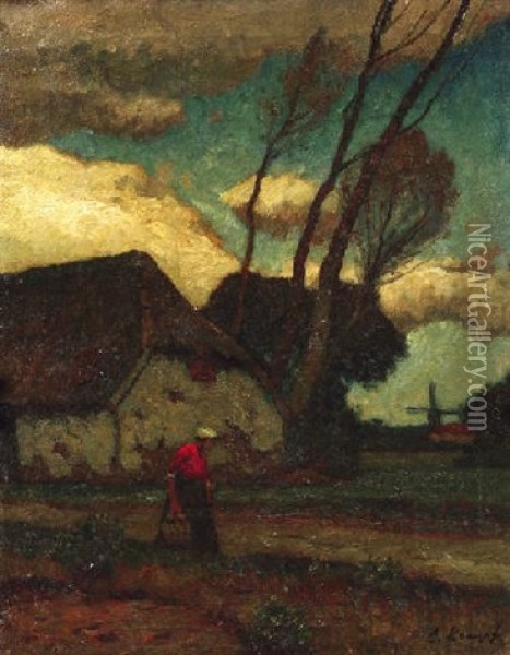 Bauerin Vor Einem Flandrischen Dorf Oil Painting - Eugen Kampf