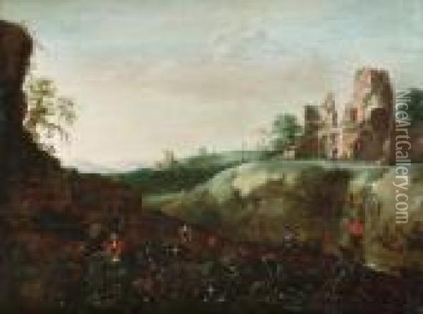 A Peasant Couple Tending Their Garden, A View To Ruins Beyond Oil Painting - Mathias Withoos