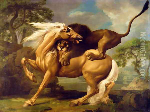 A Lion Attacking a Horse, c.1762 Oil Painting - George Stubbs