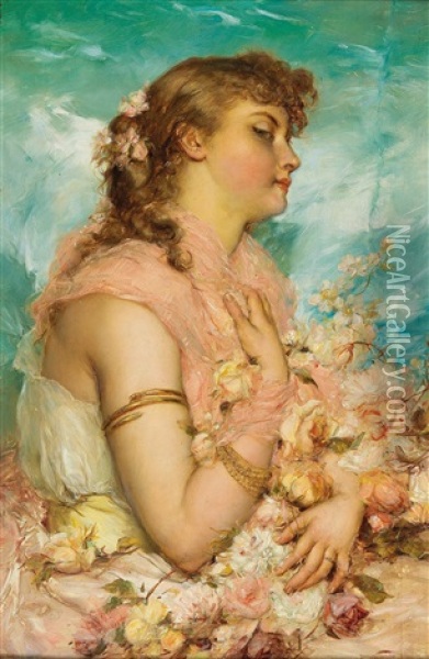 A Young Woman With Roses Oil Painting - Hans Zatzka
