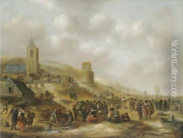 A View Of The Beach At Scheveningen With Fishermen Selling Their Catch Oil Painting - Claes Molenaar (see Molenaer)