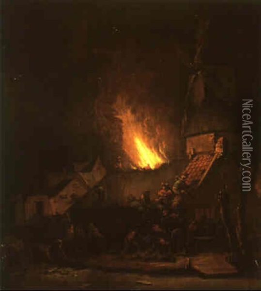 Burning Cottage At Night With Men Fighting A Fire Oil Painting - Egbert Lievensz van der Poel