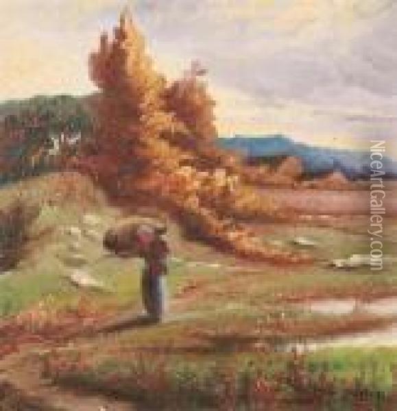 Bag Lady On The Meadow. Oil Painting - Jef Louis Van Leemputten