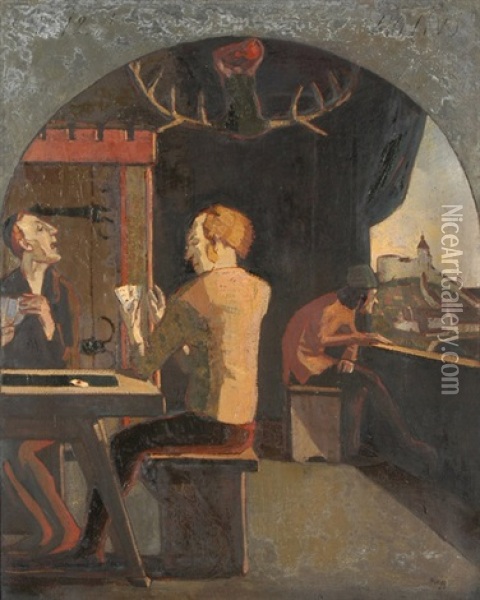 Kartenspieler (+ Fischer Und Frau Mit Lamm, Verso) Oil Painting - Ernst Georg Rueegg