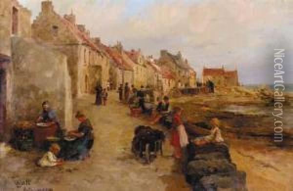 Fisherfolk, Pittenweem, Fife; And Figures On A Boulevard Oil Painting - Linnie Watt