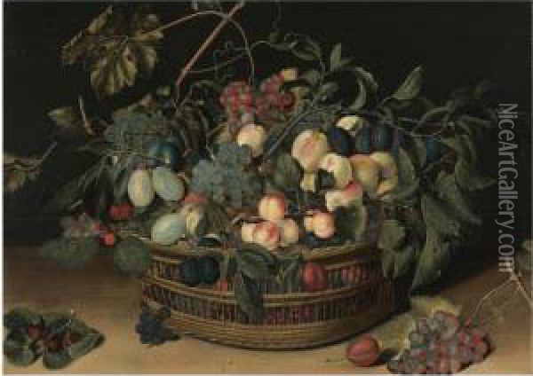 Still Life With Peaches, 
Apricots, Plums, Greengages And Grapes Ina Wicker Basket On A Wooden 
Tabletop Oil Painting - Jacob van Hulsdonck