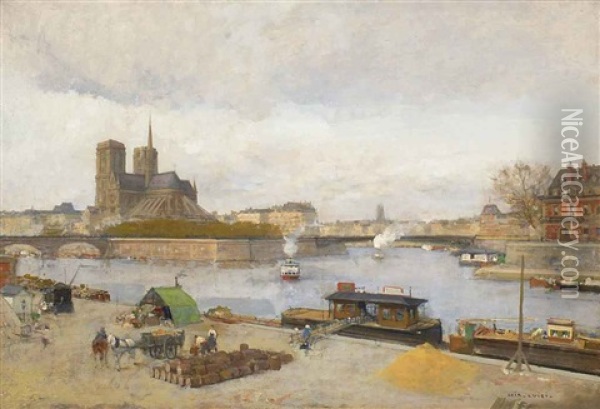 View Of Notre Dame From The Quai De La Tournelle, Paris Oil Painting - Luigi Loir