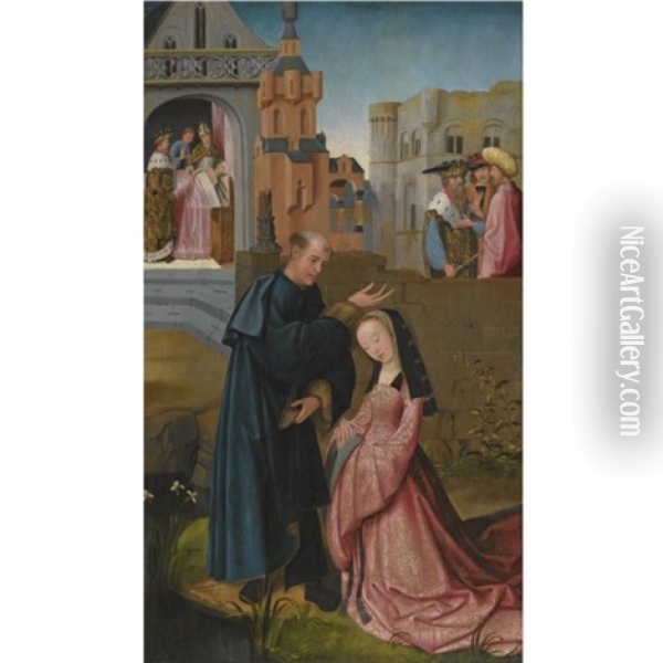 Saint Dymphna Baptised By Gerebernus (7 Works From The Life And Veneration Of Saint Dymphna, Various Sizes) Oil Painting - Gosvin (Goossen) van der Weyden