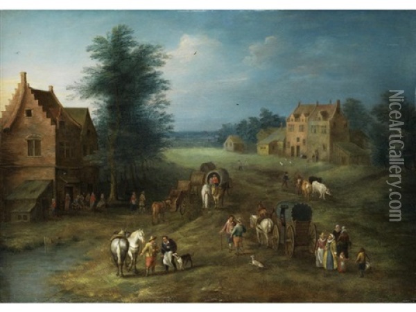 Landschaft Mit Gebauden, Markt, Karren Und Figurenstaffage Oil Painting - Karel Beschey