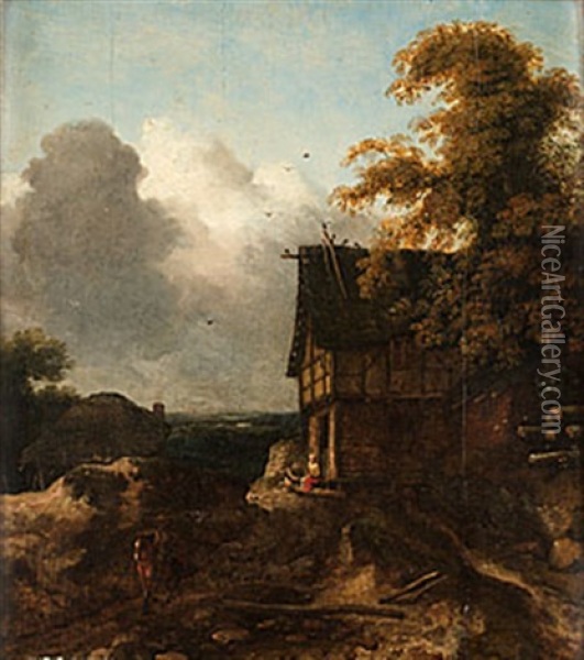 Landskap Med Korsvirkesbyggnad Och Figurer Oil Painting - Allaert van Everdingen