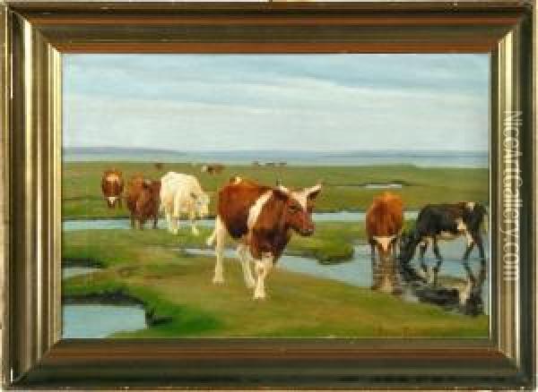 Grazing Cattle On Saltholm Island, Denmark Oil Painting - Soren Lund