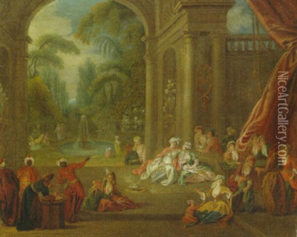 A Sultan And Company On A Terrace, A Fountain In A Garden Beyond Oil Painting - Jean-Baptiste Pater