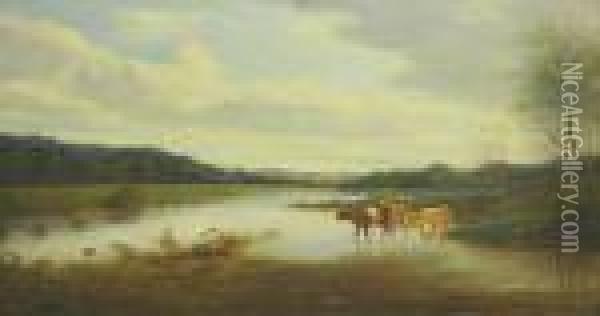 Tippet Cattle Inthe River Oil Painting - William Vivian Tippet