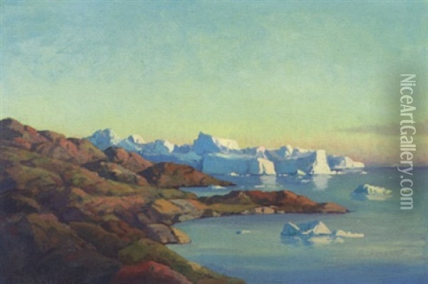 Gronlandsk Fjordparti Med Isbjerge Oil Painting - Emanuel A. Petersen