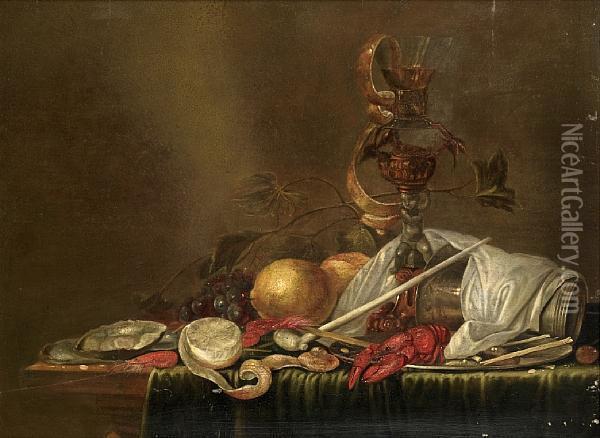 Roemer
Of White Wine With A Pewter Tankard And Peeled Lemons And Oysters On A Draped Table-top Oil Painting - Cornelis Mahu