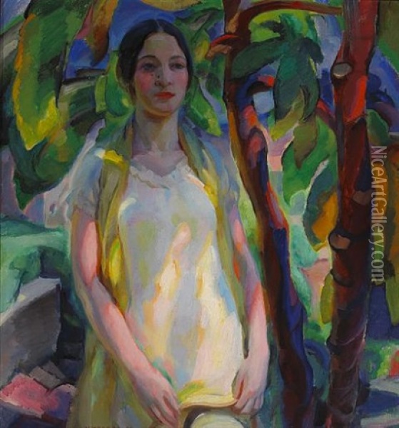 A Standing Woman In A White Dress Oil Painting - Edouard Vysekal
