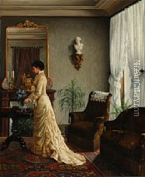 The Artist's Niece In Her Wedding Dress, Standing In The Artist's Home Oil Painting - Julie Caroline Hamann