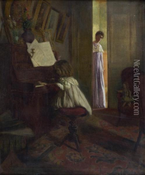 Jeune Enfant Jouant Du Piano Sous La Surveillance De Sa Mere Oil Painting - Louis Marie Delabarre