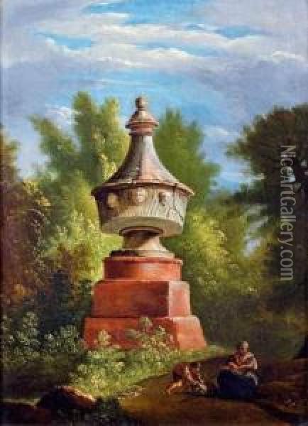 Mere Et Ses Enfants Se Reposant Au Pied D'un Monument Antique Oil Painting - Jacob Wilhelm Mechau