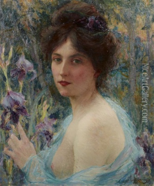 La Femme Aux Iris Oil Painting - Georges-Auguste-Elie Lavergne