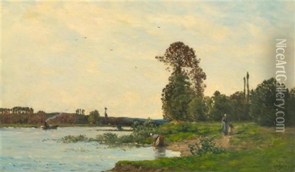 A Landscape With Washerwomen By A River (au Bord De L'oise) Oil Painting - Hippolyte Camille Delpy