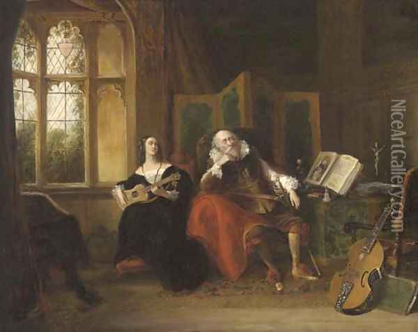 On her Spanish guitar, she played a ditty which lulled her old guardian to sleep Oil Painting - John Cawse