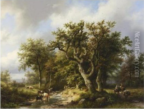 Figures With Cattle By A Forest Stream Oil Painting - Barend Cornelis Koekkoek