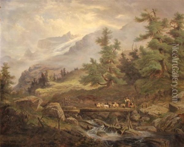 Alpine Landscape With Goats And Goat Herder Oil Painting - Alexandre Calame