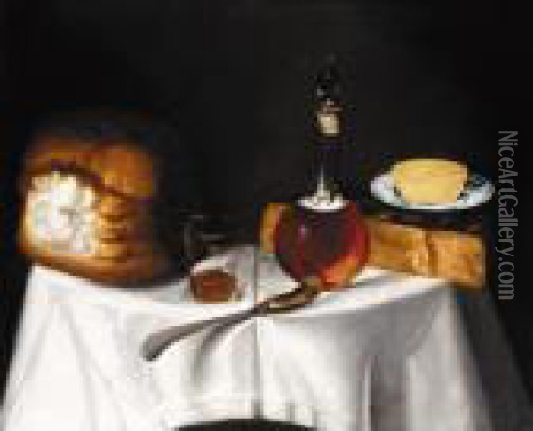 Still Life With Bread, Cheese And A Decanter Oil Painting - George, of Chichester Smith