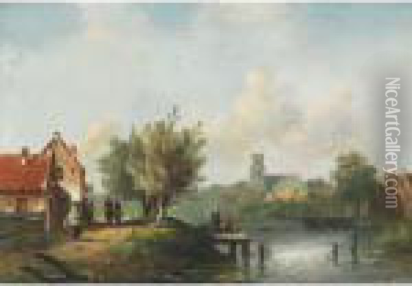 Busy Village On The River Oil Painting - Charles Henri Leickert