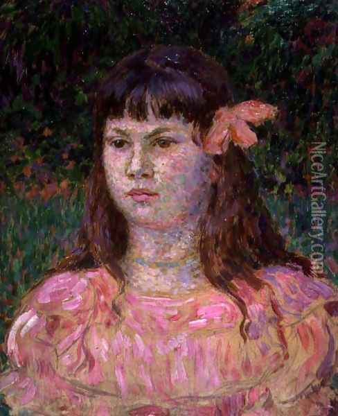 The Pink Ribbon (Sylvie Lacombe), late 1890s Oil Painting - Theo van Rysselberghe