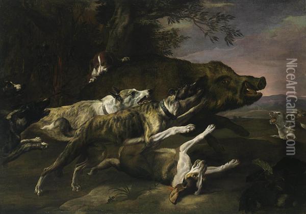 Hounds Bringing Down A Boar Oil Painting - Peeter Boel