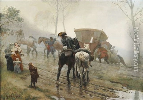 Reise-intermezzo Vor 200 Jahren. Eine Kutsche Steckt Bei Regenwetter Im Morast Fest Oil Painting - Hans Wislicenus
