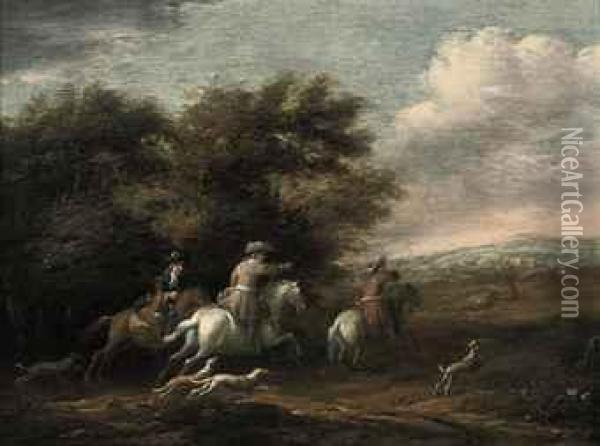 A Wooded Landscape With A Hunting Party Oil Painting - Barent Gael