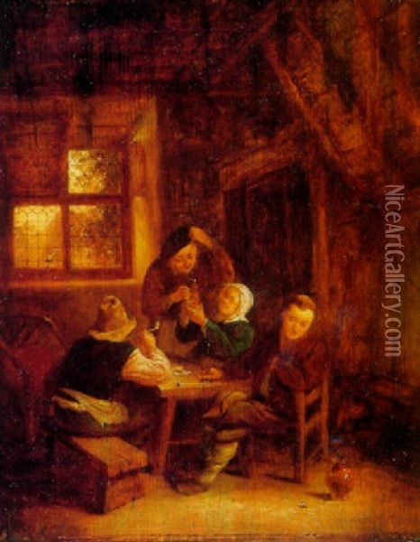 Peasants Drinking At A Table In A Cottage Interior Oil Painting - Adriaen Jansz van Ostade