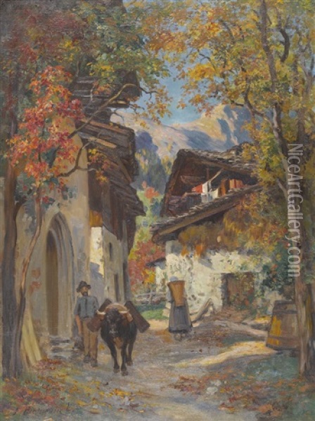 Herbstliche Walliser Dorfpartie Oil Painting - Fritz Huguenin