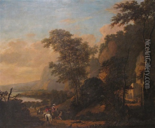 Extensive River Landscape With Travellers On A Road Near Steep Cliffs Oil Painting - Jan Dirksz. Both