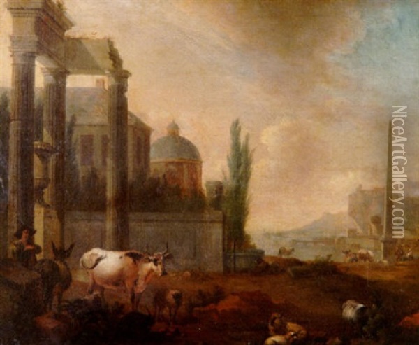 Hirten Mit Ihrem Vieh Vor Alten, Romischen Ruinen Oil Painting - Jan Frans van Bloemen