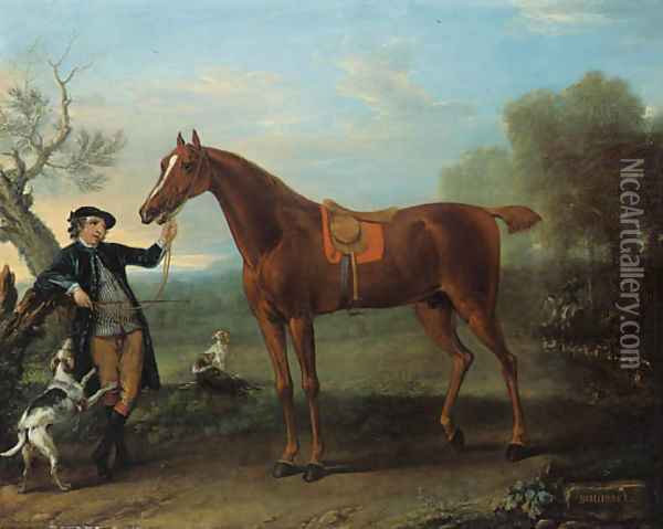 Squirrel, a thoroughbred chestnut Hunter held by a Groom, in an extensive wooded landscape Oil Painting - John Wootton