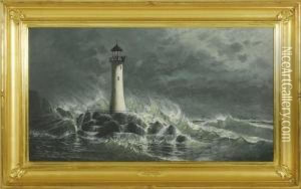 Waves Crashing On A Maine Lighthouse Oil Painting - Franklin Stanwood