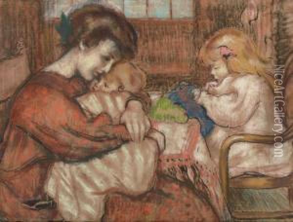 Jeune Femme Et L'enfant: The Artist's Wife With Their Daughter Lise Oil Painting - Georges Lemmen