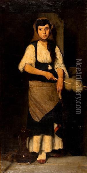 Girl With The Distaff And Spindle Oil Painting - Polychronis Lembessis