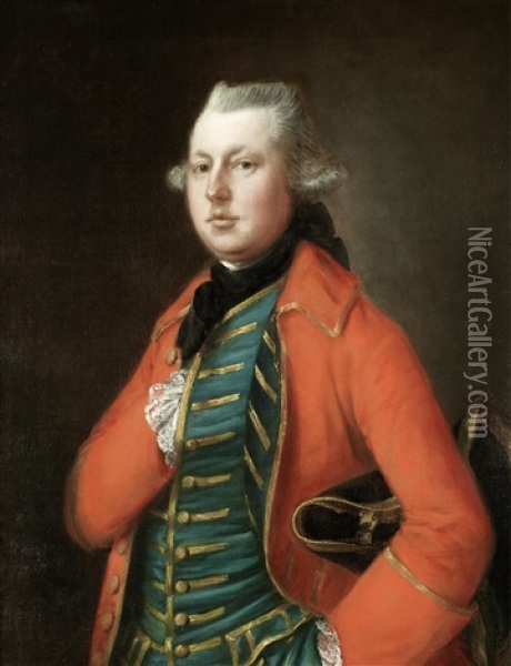 Portrait Of Mr. Coke Of Brookhill Hall, Half-length, In A Red Coat And A Blue Waistcoat With Gold Embroidery, A Tricorn Hat Under His Arm Oil Painting - Thomas Gainsborough