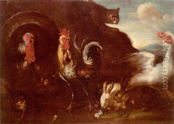 A Turkey, Hens, A Cockerel, Rabbits And A Goose Alarmed By A Cat Oil Painting - David de Coninck