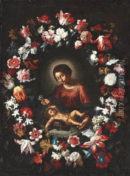 The Virgin Mary And The Infant Jesus Surrounded By A Large Festoon With Numerous Flowers Oil Painting - Cornelis Schut the Elder
